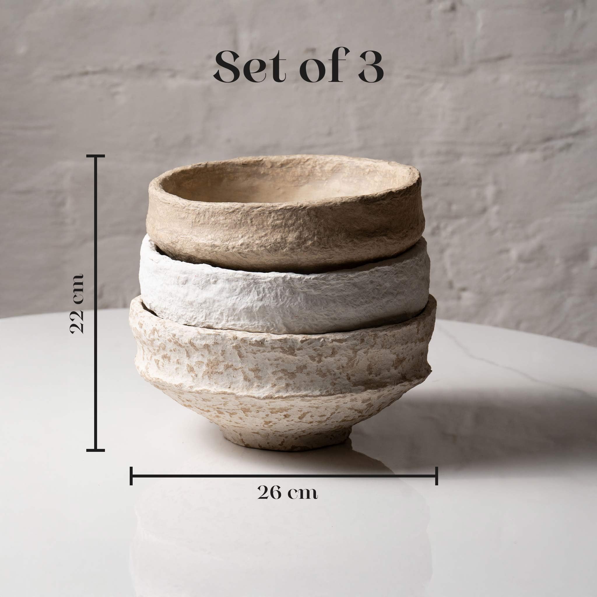 AALA INDIA Handmade Paper Mache Decorative Bowl Set of 3 – Rustic Textured Potpourri Bowls for Coffee Table, Centrepiece & Modern Home Décor