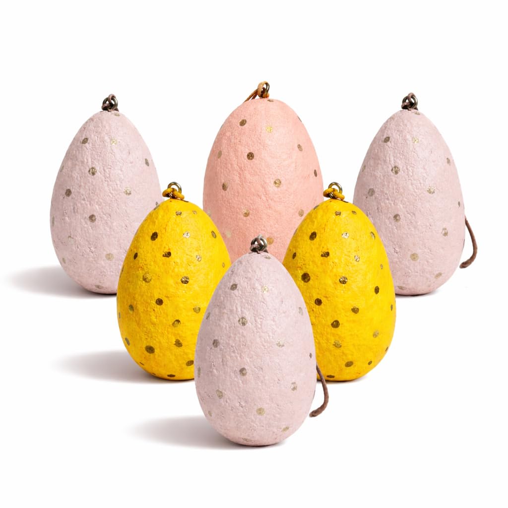 Handmade Paper Mâché Easter Egg Hanging Decorations – Pastel Speckled Easter Tree Ornaments for Spring & Easter Home Décor (Set of 6, 8cm)