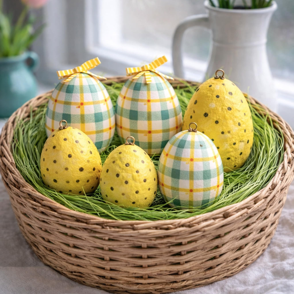 Handcrafted Paper Mache Easter Egg Decorations Set – Hanging Spring Easter Ornaments for Tree, Table Centrepiece & Seasonal Home Décor