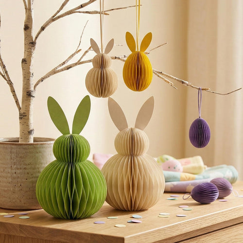 Easter Honeycomb Bunny Decorations Set – Foldable 3D Paper Rabbit Ornaments with Magnetic Closure, Pastel Hanging Easter Eggs & Bunnies for Spring Home Décor, Easter Tree, Table Centrepiece.