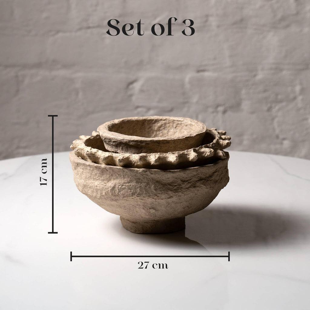 Set of 3 Handmade Paper Mache Decorative Bowls – Rustic Textured Nesting Bowl Set for UK & European Home Décor, Eco-Friendly Boho Centrepiece, Potpourri & Table Display Bowls