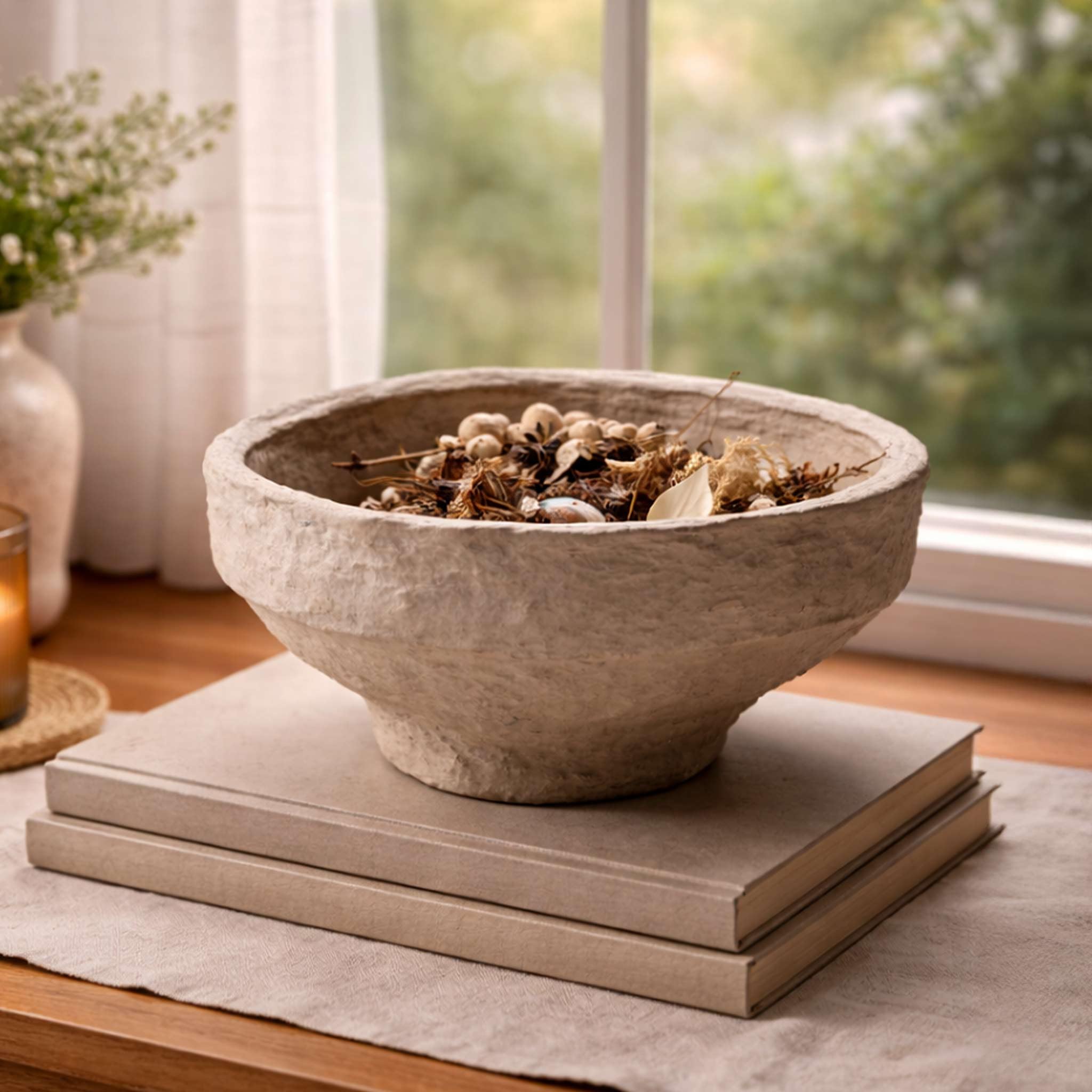 Set of 2 Handcrafted Paper Mache Decorative Bowls – Rustic Stone Finish Potpourri Bowl Set for Coffee Table, Living Room & Modern UK Home Décor