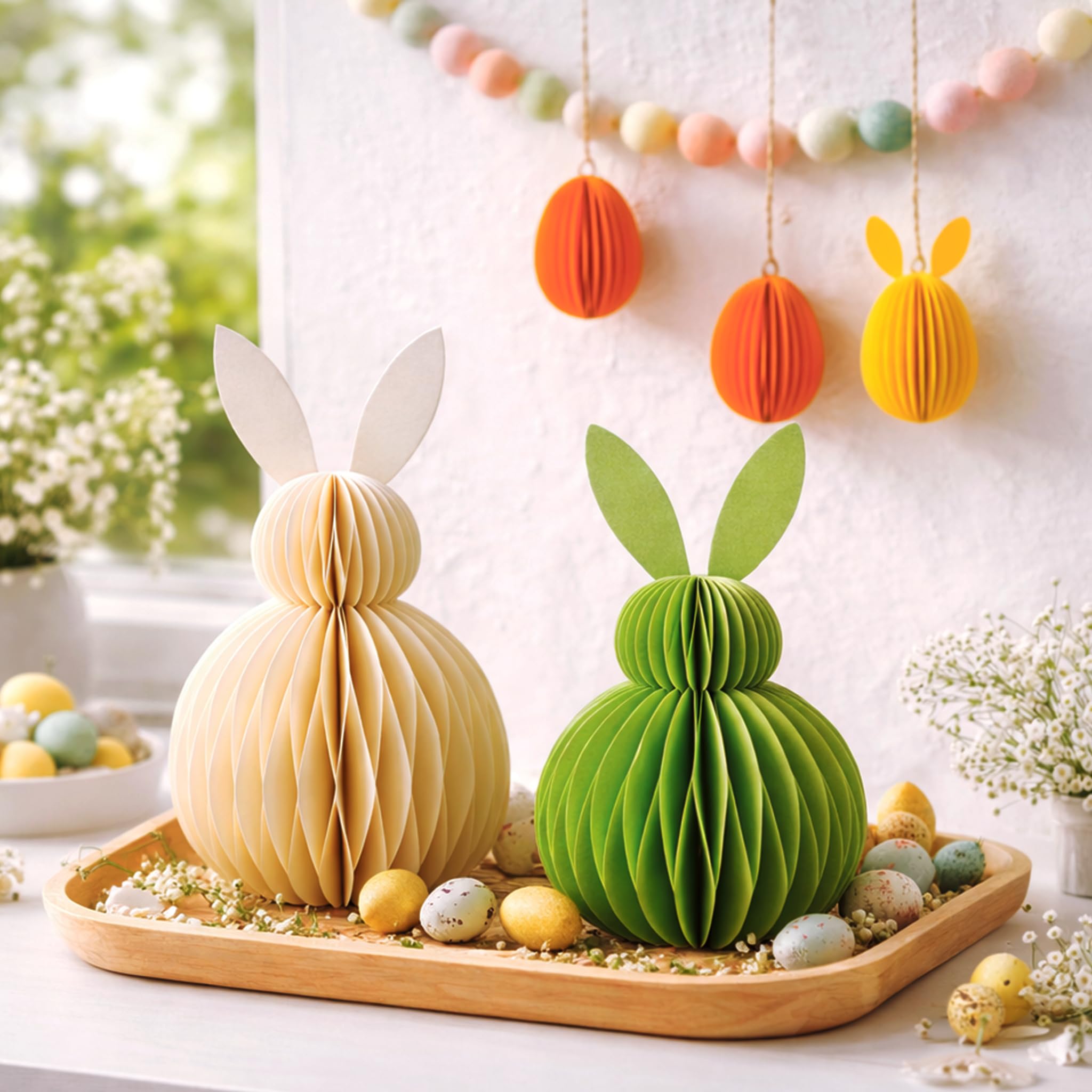 3D Honeycomb Easter Bunny Decoration Set – Foldable Paper Bunny Ornaments with Magnetic Closure, Spring Table Centrepiece & Hanging Easter Egg Decorations for Home, Easter Party and Seasonal Decor