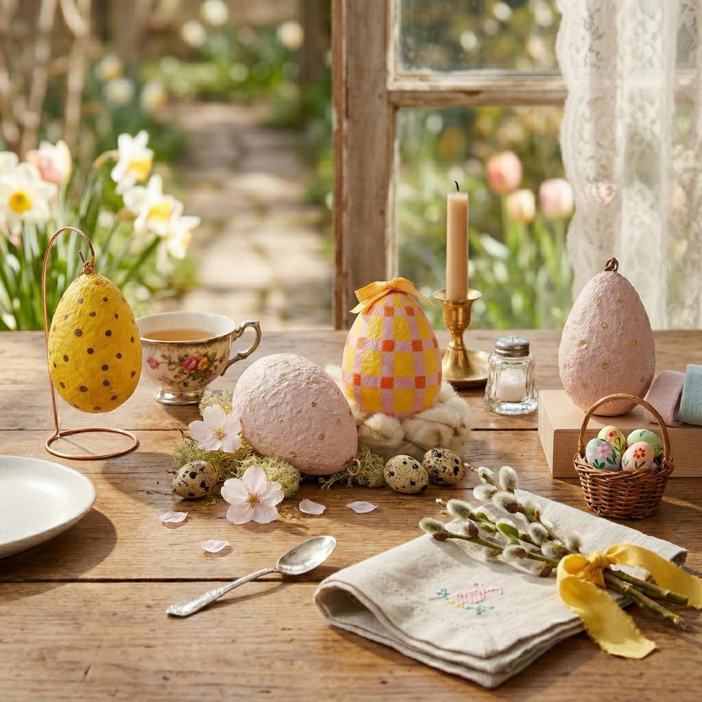 Handmade Paper Mache Easter Egg Decorations – Set of 4 Hanging Easter Eggs, Hand Painted Spring Ornaments for Easter Tree, Table Centrepiece & Home Decor (8 cm)