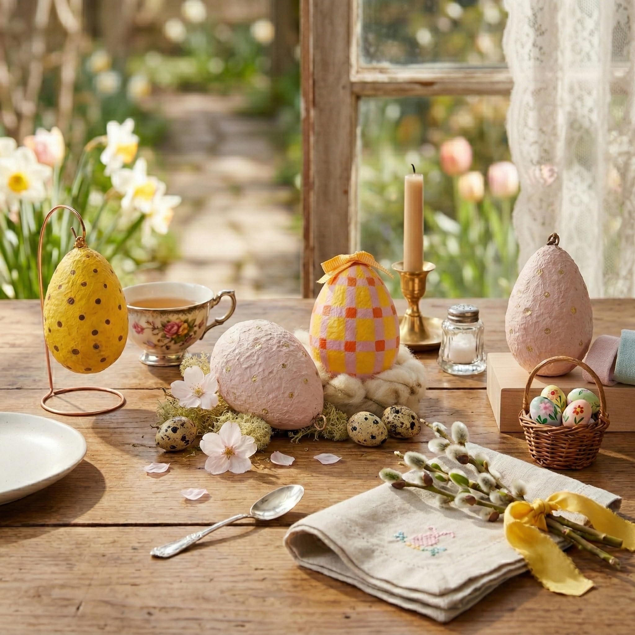 Handmade Paper Mache Easter Egg Decorations – Set of 4 Hanging Easter Eggs, Hand Painted Spring Ornaments for Easter Tree, Table Centrepiece & Home Decor (8 cm)