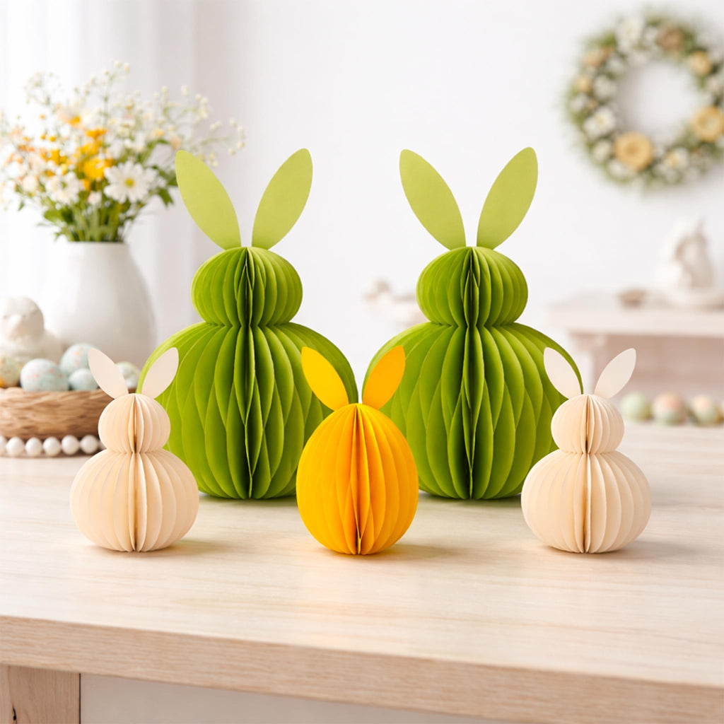 Honeycomb Easter Bunny Decorations Set – 3D Paper Rabbit Table & Hanging Ornaments with Magnetic Closure, Reusable Spring Easter Party & Home Décor (Pastel Bunny Set)