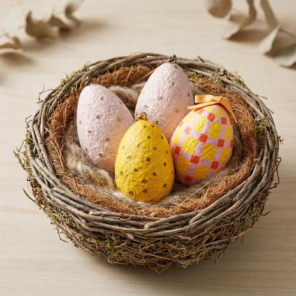 Handmade Paper Mache Easter Egg Decorations – Set of 4 Hanging Easter Eggs, Hand Painted Spring Ornaments for Easter Tree, Table Centrepiece & Home Decor (8 cm)