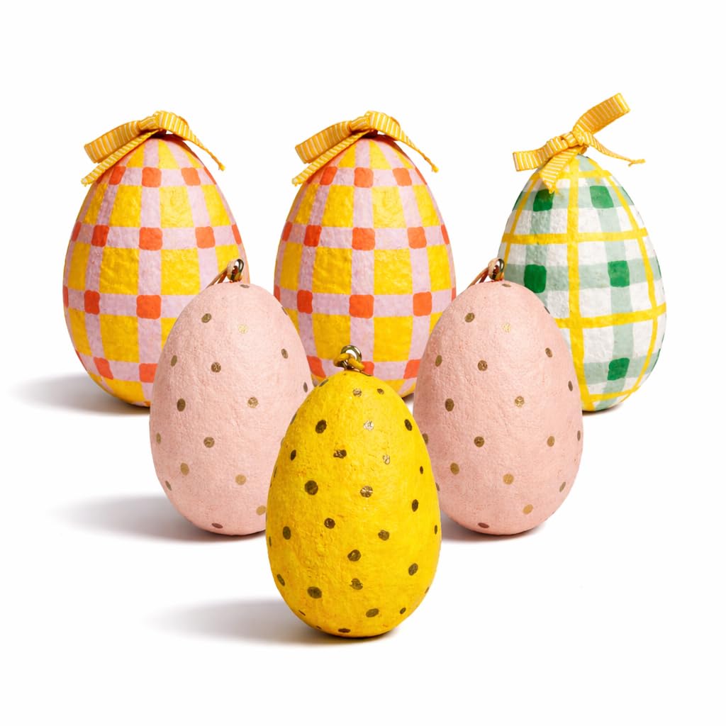 Handcrafted Paper Mache Hanging Easter Egg Decorations – Set of 6 Colourful Pastel Easter Tree Ornaments for Spring Home Décor, Easter Table Centrepiece & Seasonal Decoration (8 cm)