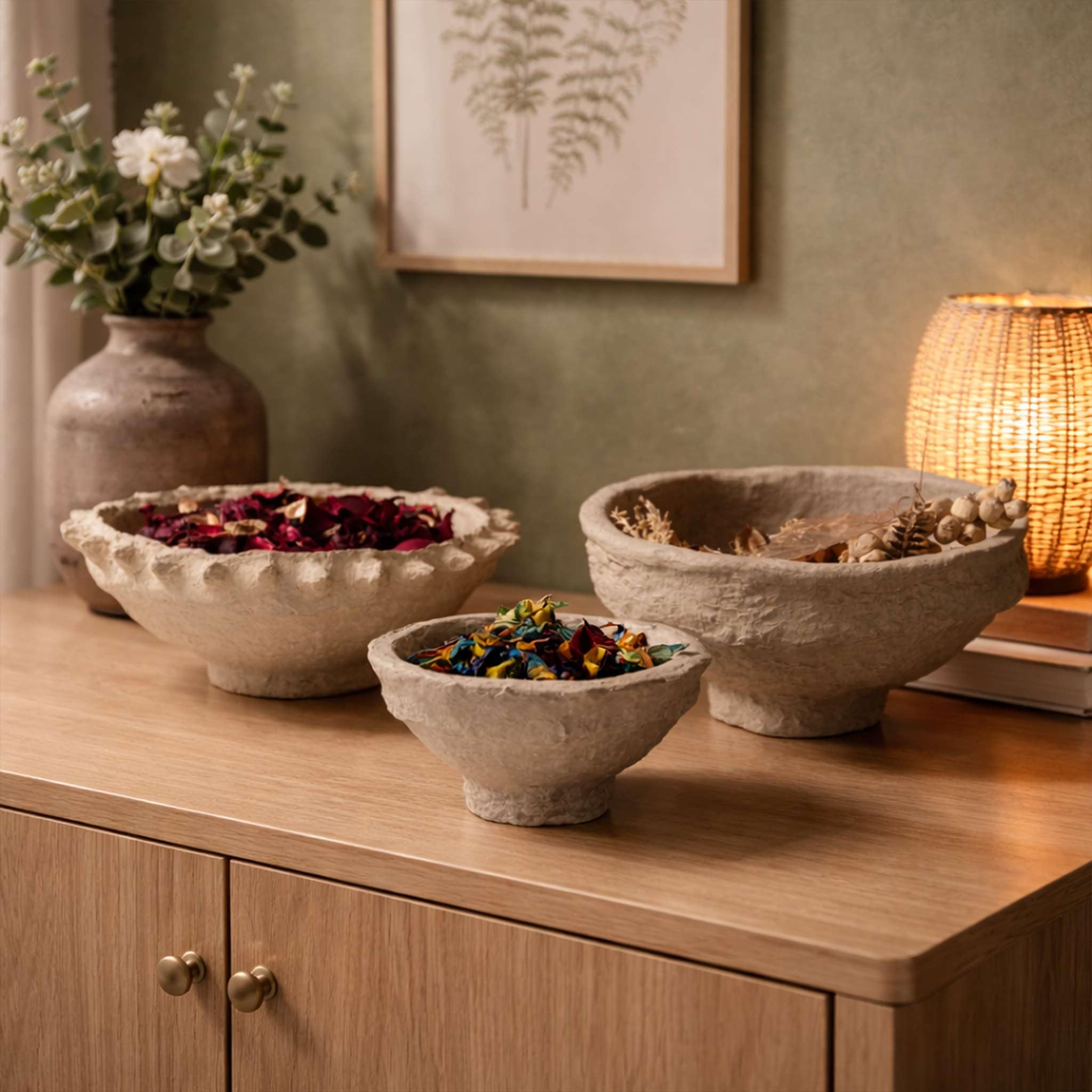 Set of 3 Handmade Paper Mache Decorative Bowls – Rustic Textured Nesting Bowl Set for UK & European Home Décor, Eco-Friendly Boho Centrepiece, Potpourri & Table Display Bowls