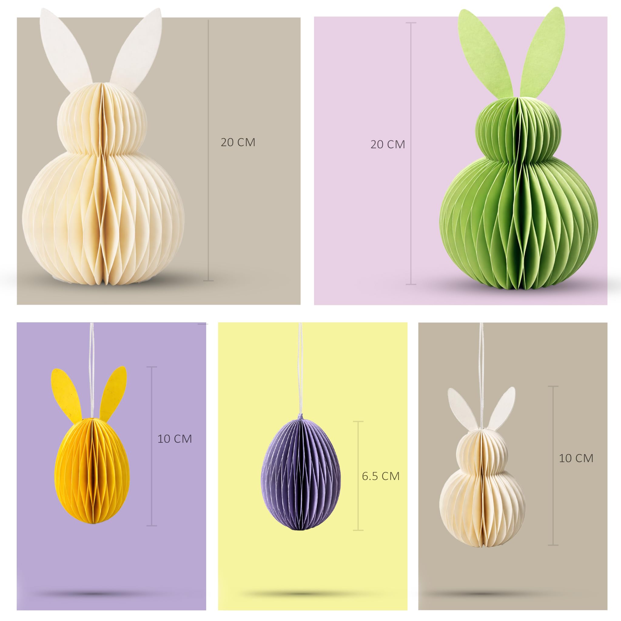 Easter Honeycomb Bunny Decorations Set – Foldable 3D Paper Rabbit Ornaments with Magnetic Closure, Pastel Hanging Easter Eggs & Bunnies for Spring Home Décor, Easter Tree, Table Centrepiece.