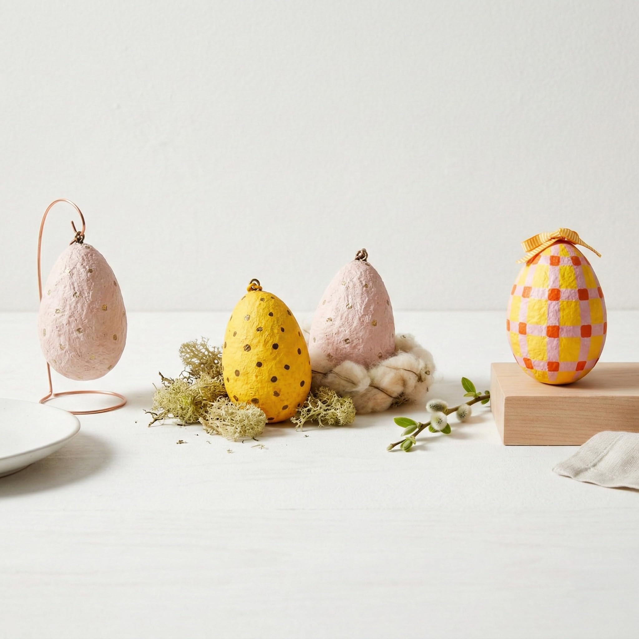 Handmade Paper Mache Easter Egg Decorations – Set of 4 Hanging Easter Eggs, Hand Painted Spring Ornaments for Easter Tree, Table Centrepiece & Home Decor (8 cm)