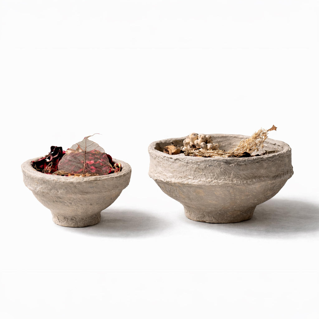 Set of 2 Handcrafted Paper Mache Decorative Bowls – Rustic Textured Potpourri Holders, Eco-Friendly Centrepiece Table Décor for UK & European Homes