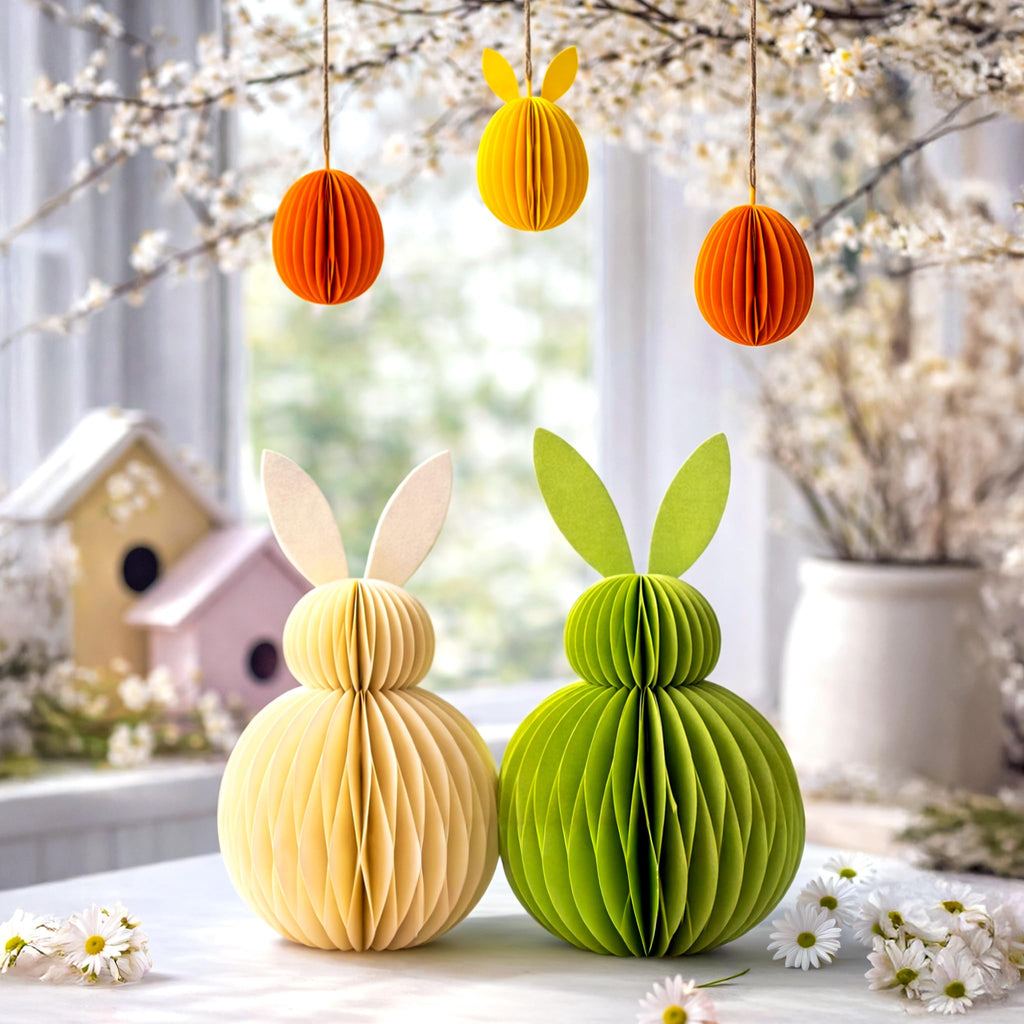 3D Honeycomb Easter Bunny Decoration Set – Foldable Paper Bunny Ornaments with Magnetic Closure, Spring Table Centrepiece & Hanging Easter Egg Decorations for Home, Easter Party and Seasonal Decor