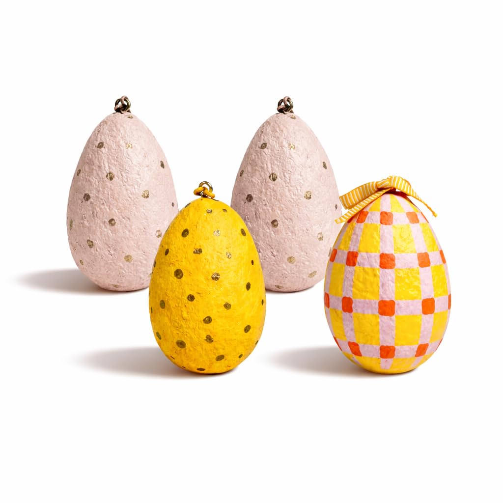 Handmade Paper Mache Easter Egg Decorations – Set of 4 Hanging Easter Eggs, Hand Painted Spring Ornaments for Easter Tree, Table Centrepiece & Home Decor (8 cm)