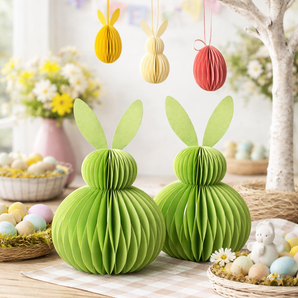 Easter Honeycomb Bunny Decorations Set – Colourful Paper Bunny & Egg Ornaments with Magnetic Closure, Reusable Spring Table & Hanging Easter Tree Decor
