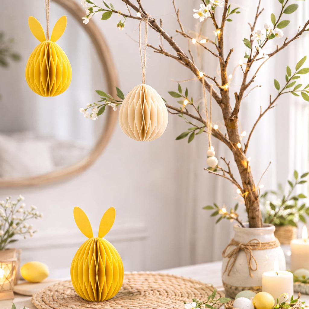 Honeycomb Easter Bunny Decorations Set – 3D Paper Bunny Ornaments with Magnetic Closure, Reusable Spring Table Centrepiece & Hanging Easter Egg Decor for Home, Party & Seasonal Display