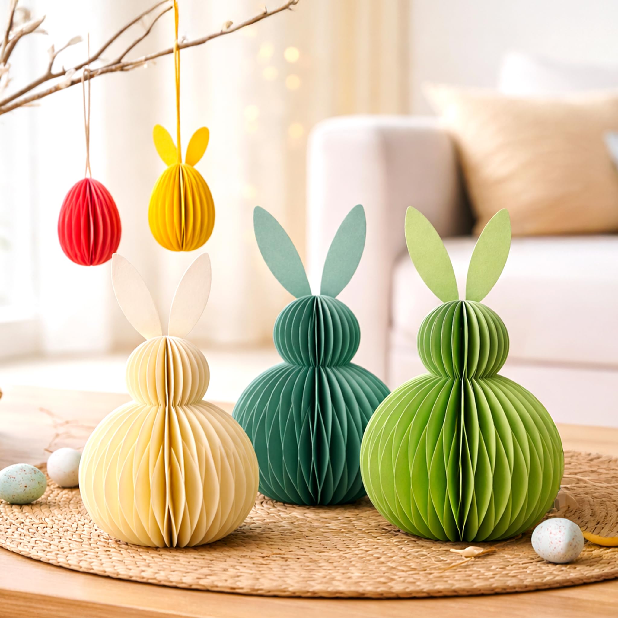 Honeycomb Easter Bunny Decorations Set – Foldable Paper Bunny Ornaments with Magnetic Closure, Reusable Spring Table Centrepiece, Hanging Easter Tree Decorations for Home, Party & Table Decor