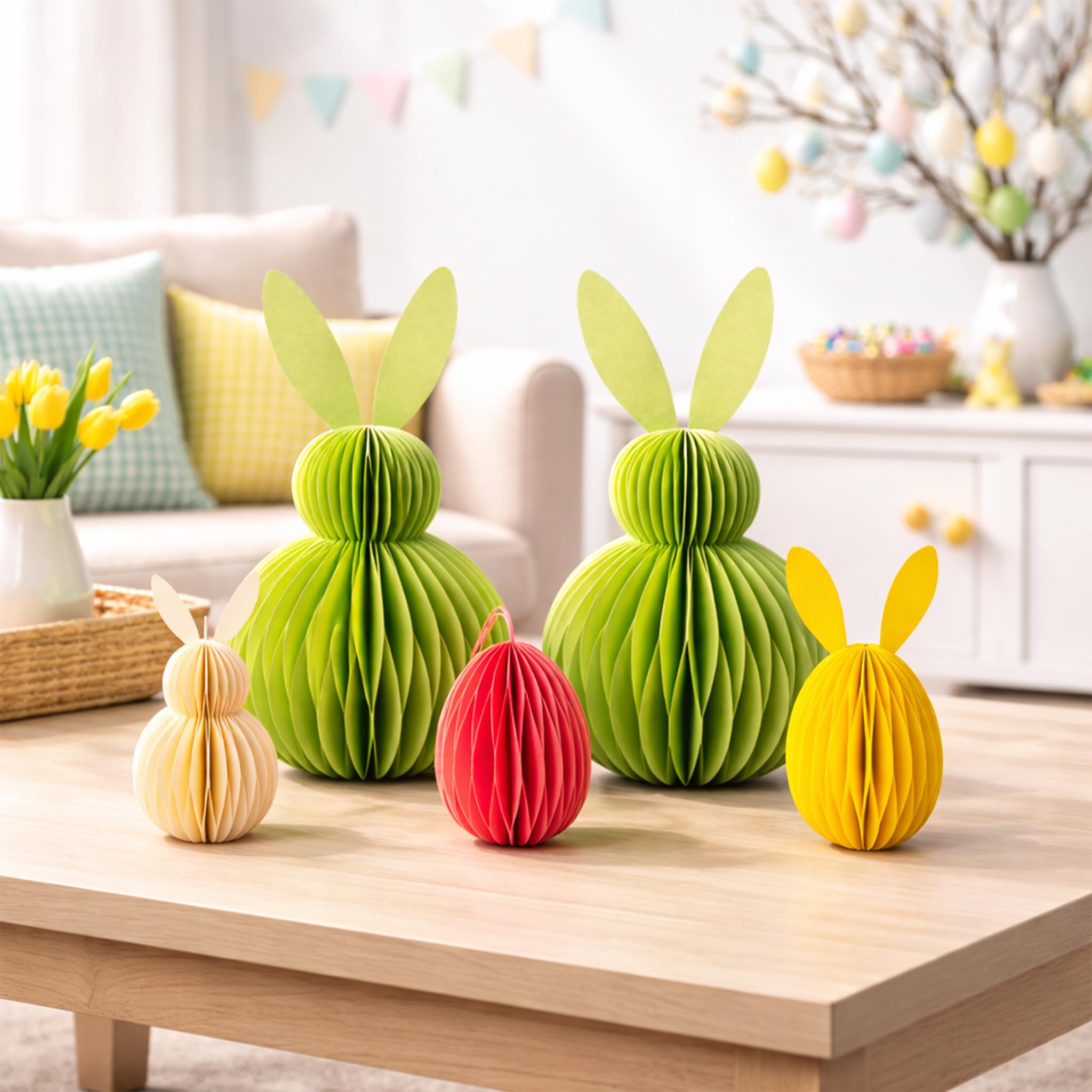 Easter Honeycomb Bunny Decorations Set – Colourful Paper Bunny & Egg Ornaments with Magnetic Closure, Reusable Spring Table & Hanging Easter Tree Decor