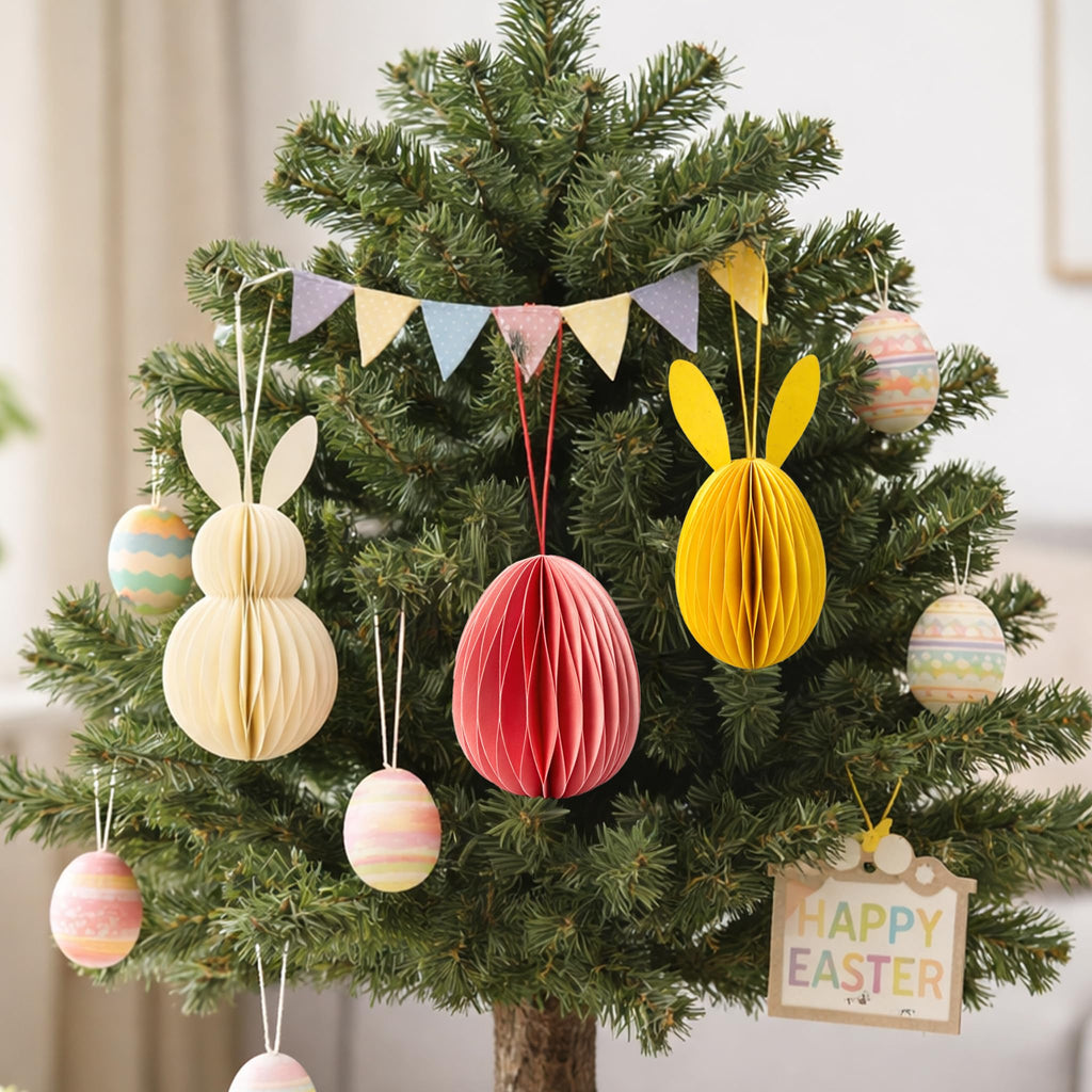 Easter Honeycomb Bunny Decorations Set – Colourful Paper Bunny & Egg Ornaments with Magnetic Closure, Reusable Spring Table & Hanging Easter Tree Decor
