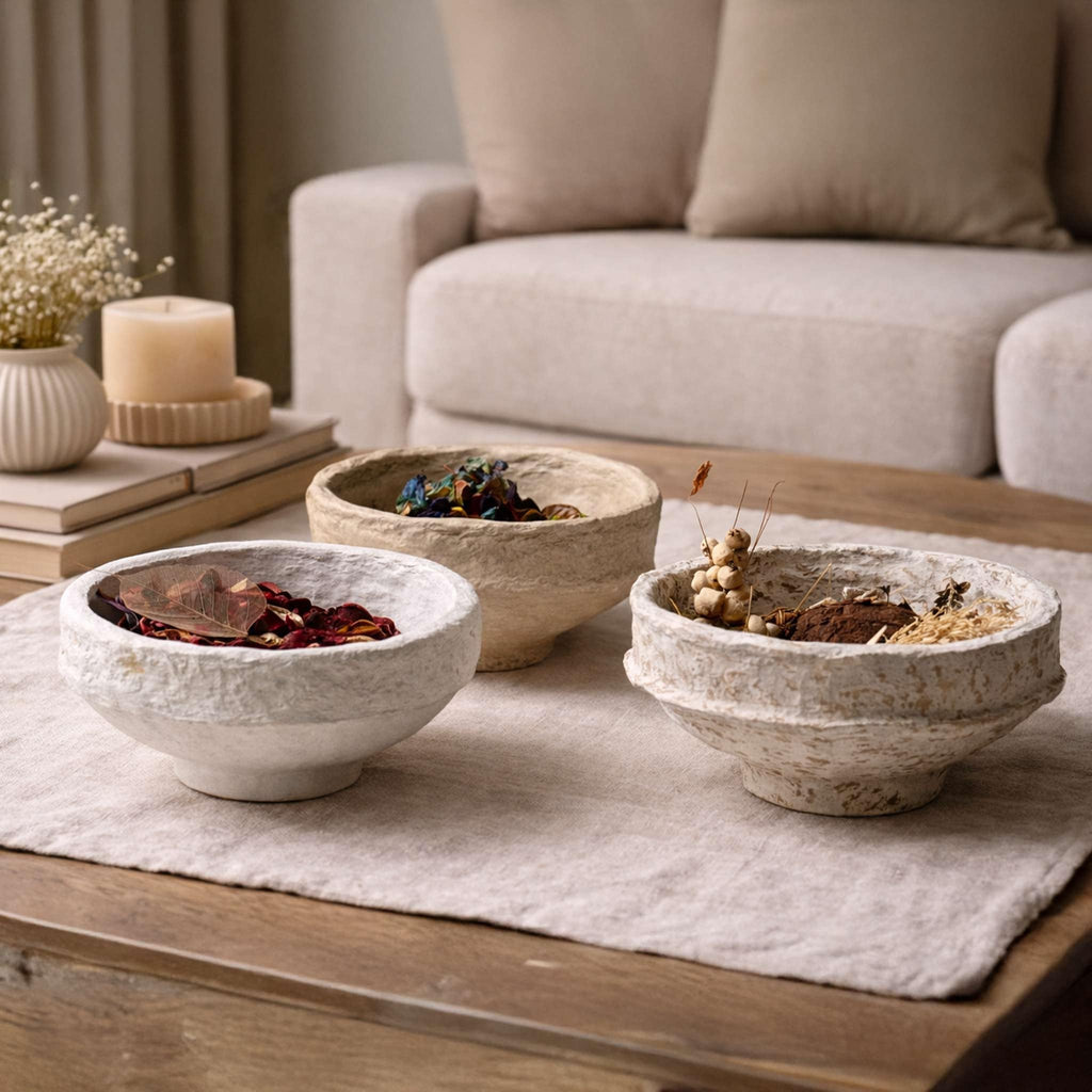 AALA INDIA Handmade Paper Mache Decorative Bowl Set of 3 – Rustic Textured Potpourri Bowls for Coffee Table, Centrepiece & Modern Home Décor