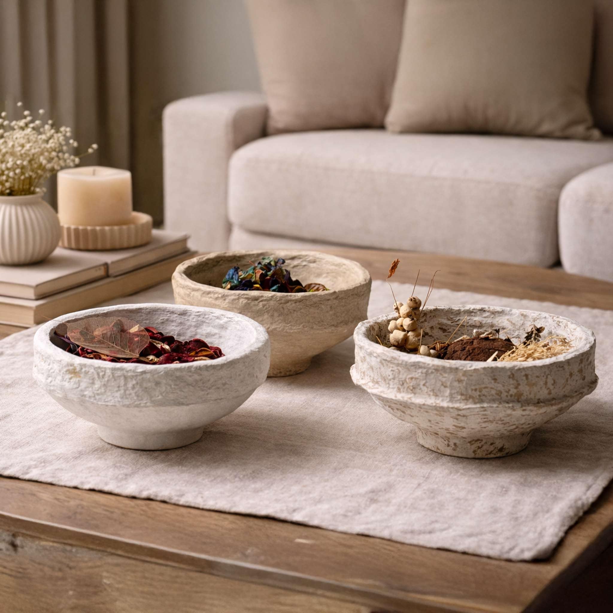 AALA INDIA Handmade Paper Mache Decorative Bowl Set of 3 – Rustic Textured Potpourri Bowls for Coffee Table, Centrepiece & Modern Home Décor