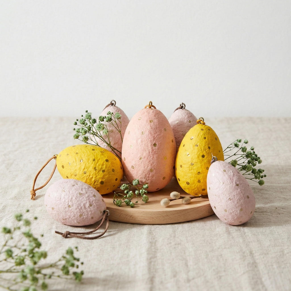 Handmade Paper Mâché Easter Egg Hanging Decorations – Pastel Speckled Easter Tree Ornaments for Spring & Easter Home Décor (Set of 6, 8cm)