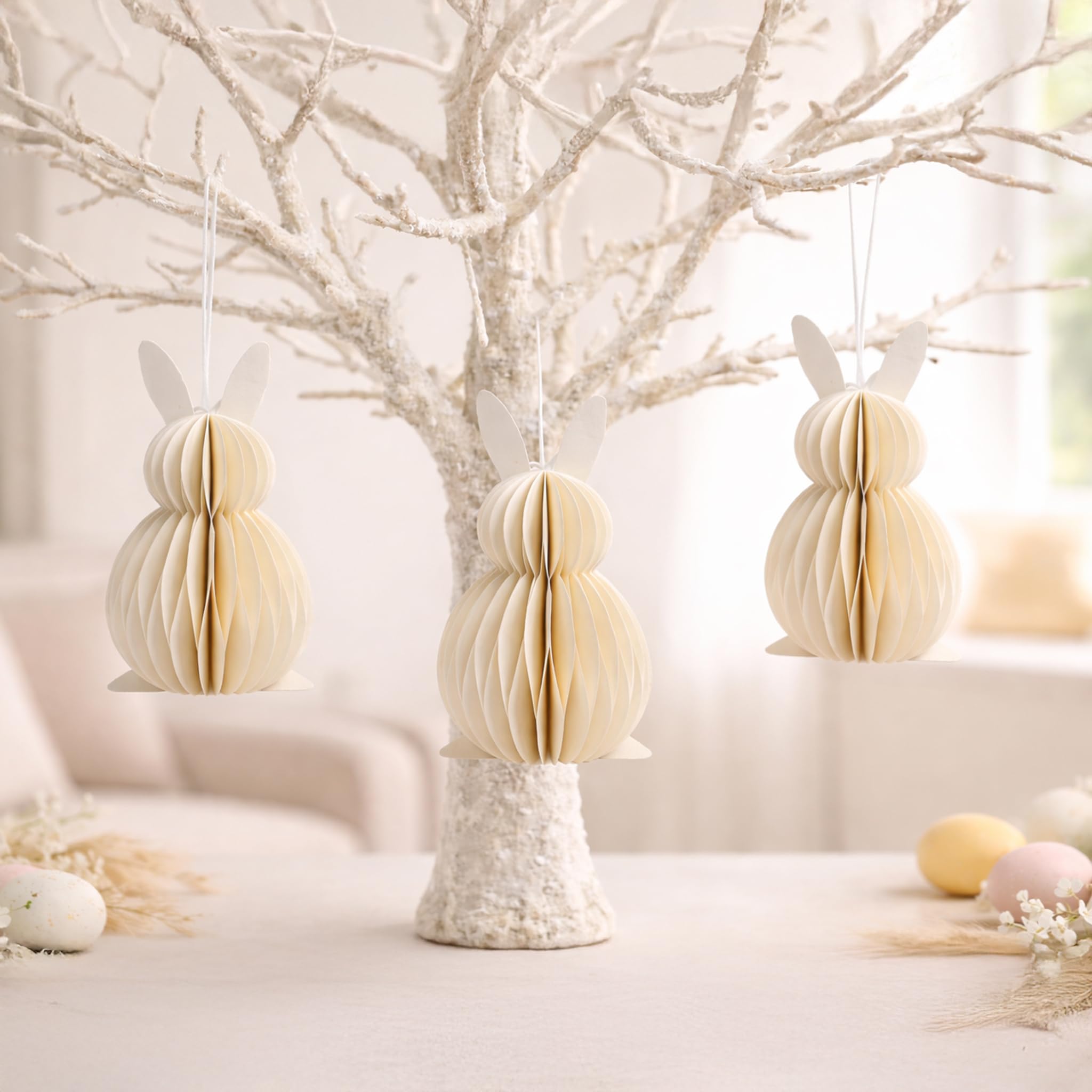 Honeycomb Paper Bunny Hanging Decorations – Set of 3 Easter Rabbit Ornaments for Spring Tree & Home Décor